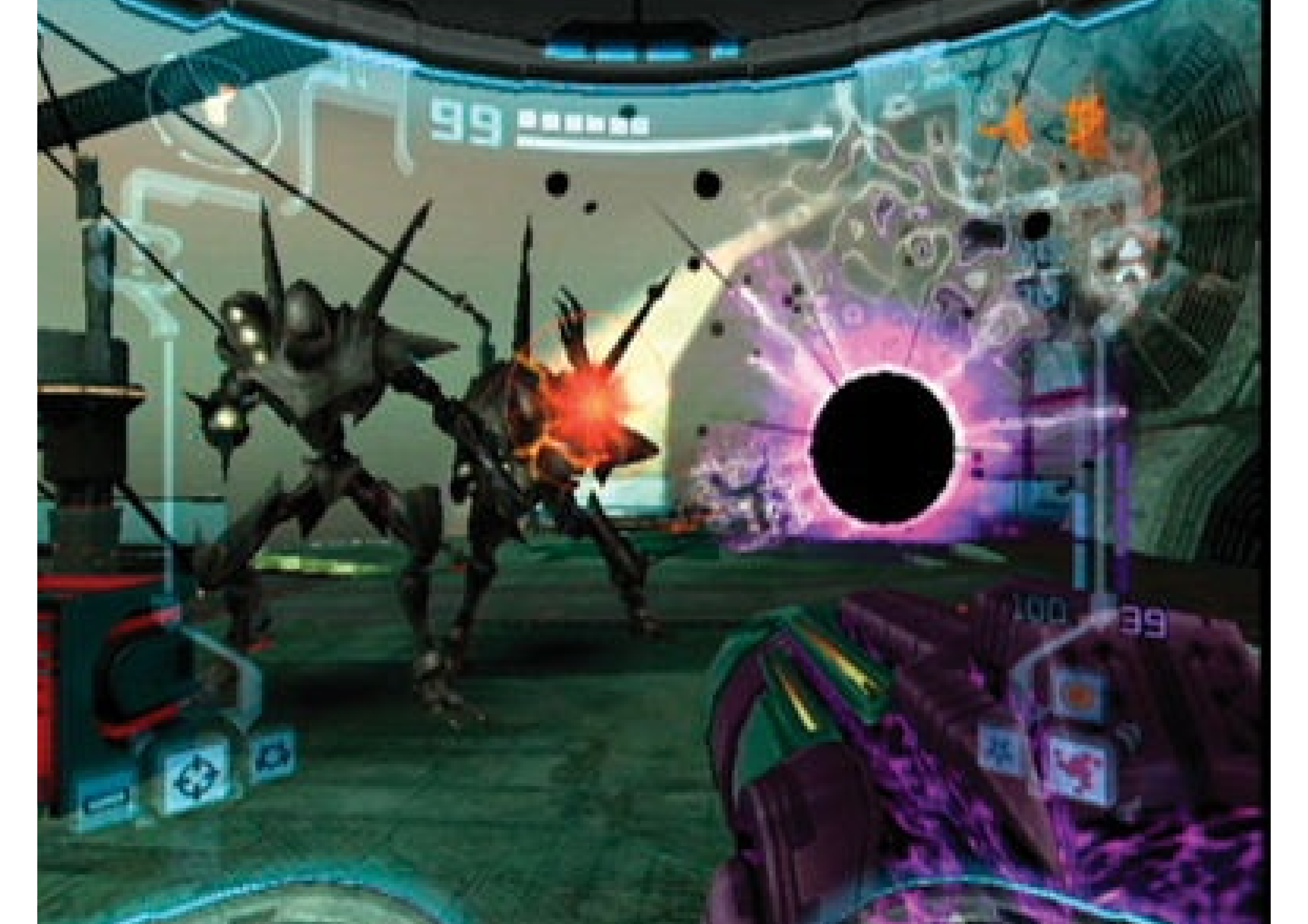 The HUD from Metroid Prime is an example where there's a diegetic explanation for its being there -- what we see as a HUD is the information presented on the inside of Samus's helmet. She sees what we see. The HUD from Metroid Prime is an example where there's a diegetic explanation for its being there -- what we see as a HUD is the information presented on the inside of Samus's helmet. She sees what we see.