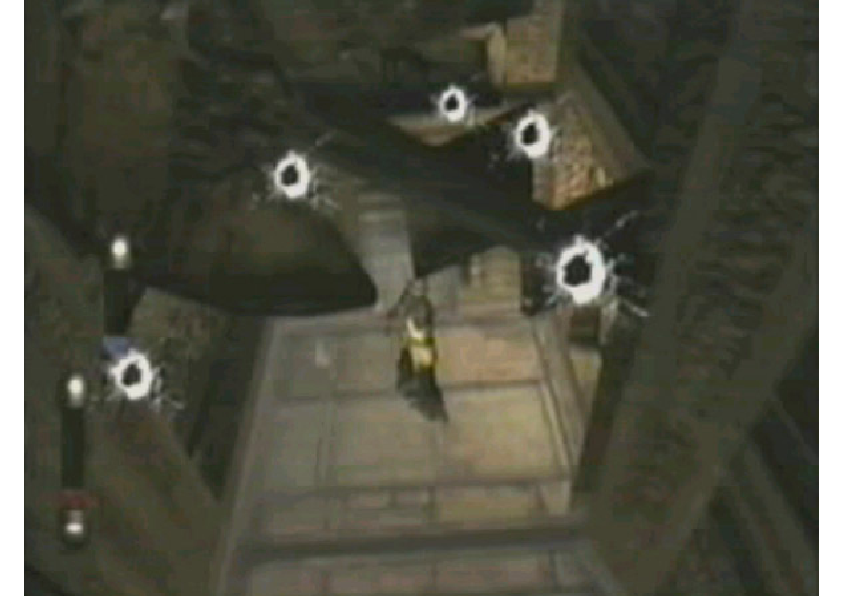 Ah, Eternal Darkness (2002) -- still one of my favorites. The sanity effects are tricky to capture since you never know when they're coming. I found this image of the bulletholes in Bernard Perron's <a href='http://www.aestheticsofplay.org/perron.php'>conference paper</a> on horror games. Ah, Eternal Darkness (2002) -- still one of my favorites. The sanity effects are tricky to capture since you never know when they're coming. I found this image of the bulletholes in Bernard Perron's conference paper on horror games.